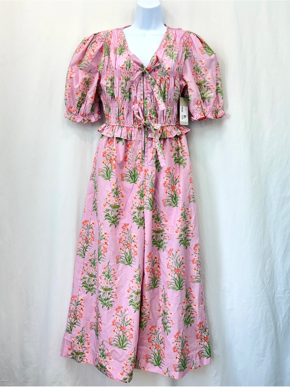 Lizard Thicket Paloma PINK Floral Puff Sleeve Ruffle Smocked Jumpsuit Medium NWT